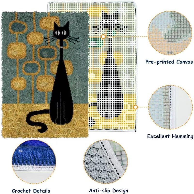 GLAECYY Latch Hook Kits Rug Crochet Yarn Kit Cushion Colour Pre-Printed Canvas Rug Needlework DIY Hook and Latch Kit (Black Cat) - Image 3